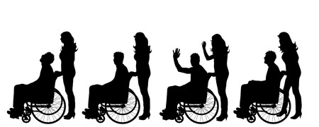 A Vector silhouette of man on wheelchair on white background.のイラスト素材