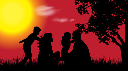 Vector silhouette of family in nature at sunset.のイラスト素材