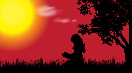 Vector silhouette of girl in nature at sunset.のイラスト素材