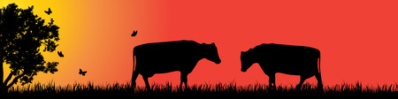Vector silhouette of cow in nature at sunset.のイラスト素材
