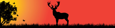 Vector silhouette of deer in nature at sunset.のイラスト素材