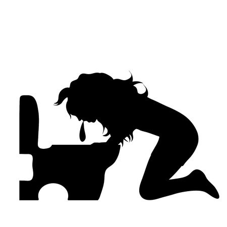 Vector silhouette of woman who vomit to toilet on white backgtround.のイラスト素材