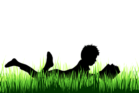 Vector silhouette of boy who read book on a meadow on white background.のイラスト素材
