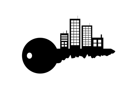 Vector silhouette of key with city on white background.のイラスト素材