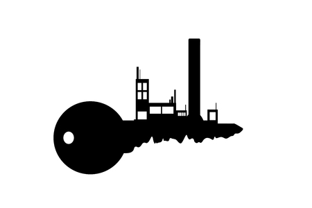 Vector silhouette of key with factory on white background.のイラスト素材