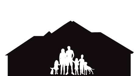 Vector silhouette of house with family on white background.のイラスト素材