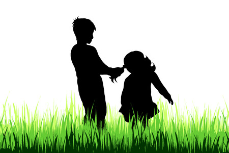 Vector silhouette of children who play on the meadow.のイラスト素材