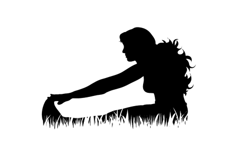 Vector silhouette of woman who sports on the grass on white background.のイラスト素材