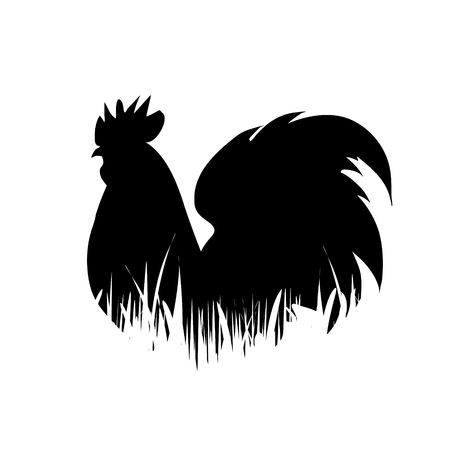 Vector silhouette of cock in the grass on white background.のイラスト素材