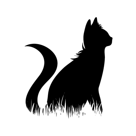 Vector silhouette of cat in the grass on white background.のイラスト素材