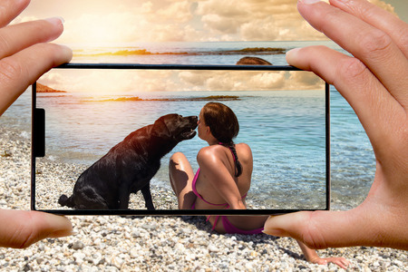 Woman with dog on the beach.の写真素材