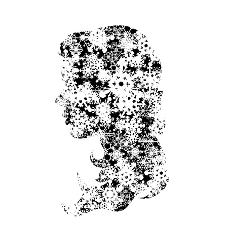 Vector silhouette of face of woman with snowflakes.のイラスト素材