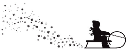 Vector silhouette of girl who sledding on snow toboggan.のイラスト素材