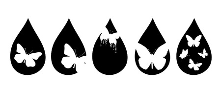 Vector silhouette of set of butterfly in the drop on white background.のイラスト素材