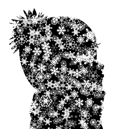 Vector silhouette of child with winter cap and snowflakes.のイラスト素材