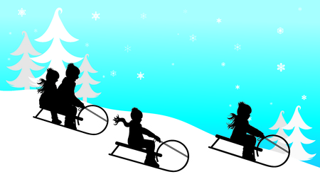 Vector silhouette of children who sledding on snow toboggan in the mountains in winter.のイラスト素材
