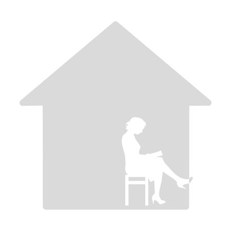 vector illustration house logo and woman sitting on chair and reading bookのイラスト素材