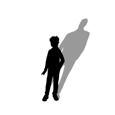 Child with shadow of adult man. Vector silhouette on white background. Illustration of boy aging symbol.のイラスト素材