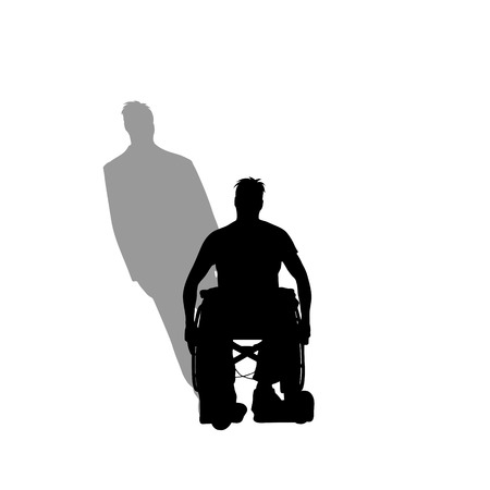 Man on wheelchair with shadow of healthy man who stand on his feet. Vector silhouette on white background. Illustration of recover symbol.のイラスト素材