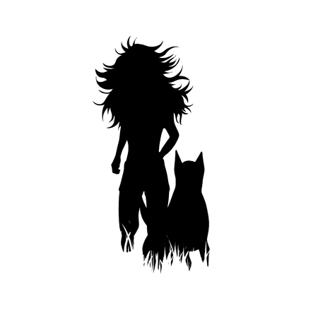 Illustration of woman with dog icon in the grass. Vector silhouette on white background. Symbol of friendship.のイラスト素材