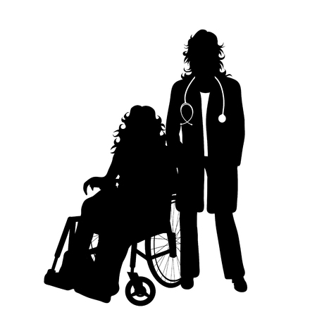 Vector silhouette of doctor with patient on white background. Symbol of healthy and hospital. Woman sit on the wheelchair.のイラスト素材
