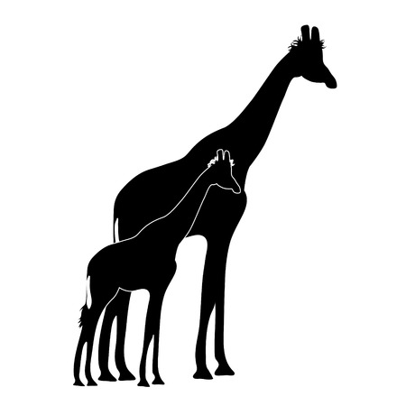Vector silhouette of giraffe´s mother with baby giraffe. Symbol of animal and wild.のイラスト素材
