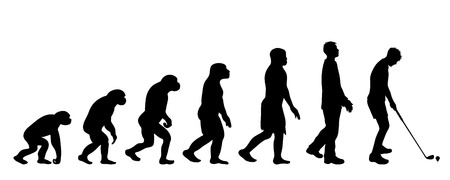 Theory of evolution of man. Vector silhouette of homo sapiens. Symbol from monkey to snowboarder.のイラスト素材
