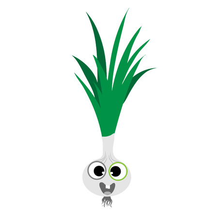 Painted vector illustration of happy spring onion with eyes and mouth on white background. Symbol of fruit, food,vegetarian,vegan.のイラスト素材