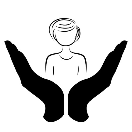 Vector silhouette of a hand in a defensive gesture protecting a woman. Symbol of insurance, people, protection,のイラスト素材