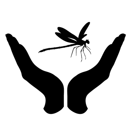 Vector silhouette of a hand in a defensive gesture protecting a dragonfly. Symbol of animal, insect,nature, humanity, care, protection.のイラスト素材