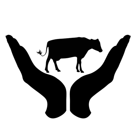 Vector silhouette of a hand in a defensive gesture protecting a cow. Symbol of animal, farm, cattle, humanity, care, protection, veterinary.のイラスト素材