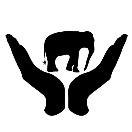 Vector silhouette of a hand in a defensive gesture protecting a elephant. Symbol of animal, wild,africa, nature, humanity, care, protection, veterinary.のイラスト素材