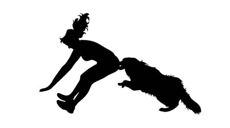 Vector silhouette of woman who running away from an aggressive dog. Symbol of anger animal on white background.のイラスト素材