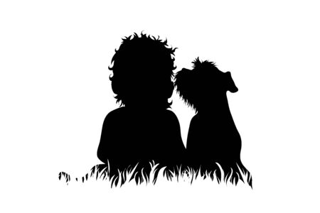 Vector silhouette of child who plays with dog in the grass on white background. Symbol of friends and funny activities,park.のイラスト素材