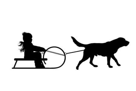 Vector silhouette of child who pulls dog on slegde on white badkground. Symbol of animal, pet, friends,winter, funny.のイラスト素材