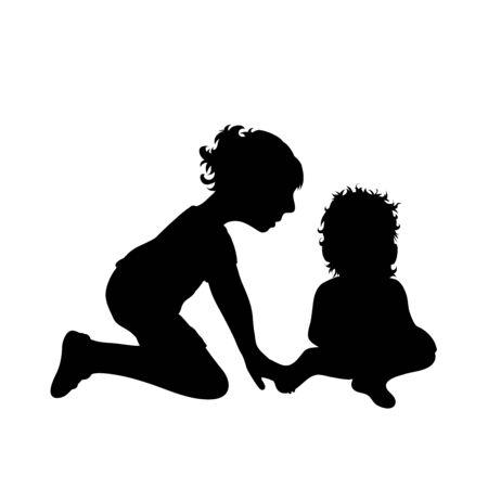 Vector silhouette of siblings on white background. Symbol of child, girl,toddler,sister,brother,family.のイラスト素材