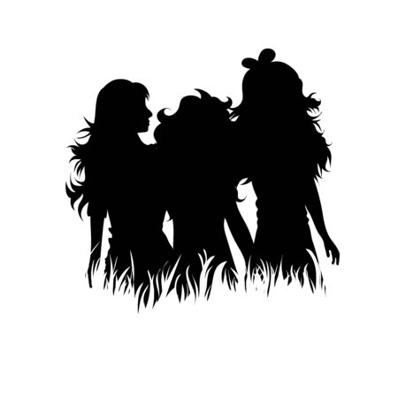 Vector silhouette of children who plays together in the grass on white background. Symbol of siblings, family, friends.のイラスト素材