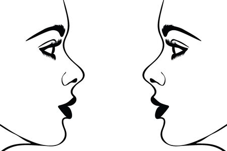 Vector silhouete of woman´s face on white background. Symbol of girl, pretty, nice, fashion, people, person, twins.