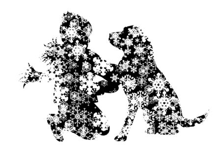 Vector silhouette of snowy girl with her dog on white background. Symbol of winter, child, pet, puppy, home, animal, season, snow, cold, snowflake, Christmas, frost.のイラスト素材