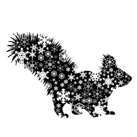 Vector silhouette of snowy squirrel on white background. Symbol of winter, animal, forest, wild, park, garden, season, snow, cold, snowflake, Christmas, frost.のイラスト素材