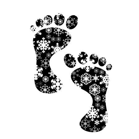 Vector silhouette of snowy feet on white background. Symbol of winter, people, step, cold, snowflake, foot, Christmas, season, frost.のイラスト素材