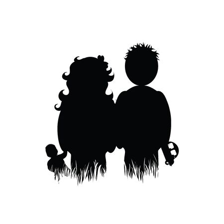 Vector silhouette of children in the grass on white background. Symbol of girl, boy, people, school, friends, nature, park, garden.のイラスト素材