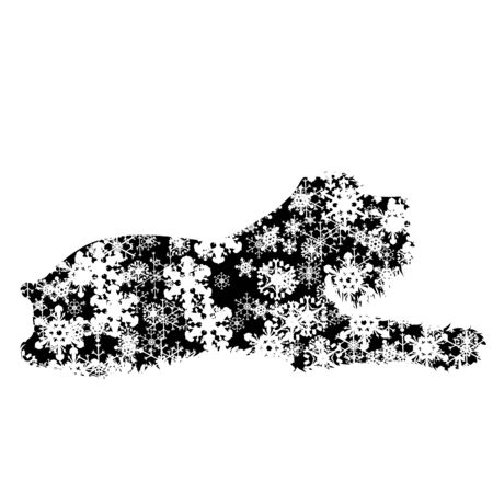 Vector silhouette of snowy dog on white background. Symbol of winter, pet, puppy, home, animal, season, snow, cold, snowflake, Christmas, frost.のイラスト素材