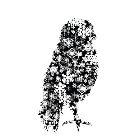 Vector silhouette of snowy owl on white background. Symbol of winter, bird, forest, wild, season, snow, cold, snowflake, Christmas, frost.のイラスト素材