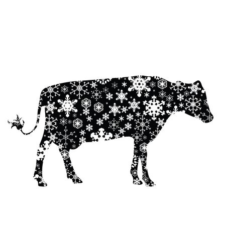 Vector silhouette of snowy cow on white background. Symbol of winter, farm, breeding, garden, animal, season, snow, cold, snowflake, Christmas, frost.のイラスト素材
