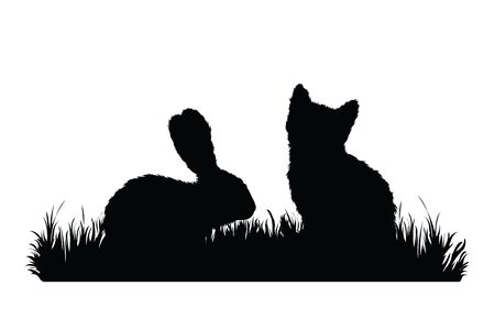 Vector silhouette of cat and rabbit in the grass on white background. Symbol of animal, farm, kitty, garden, home, nature, pasture.のイラスト素材