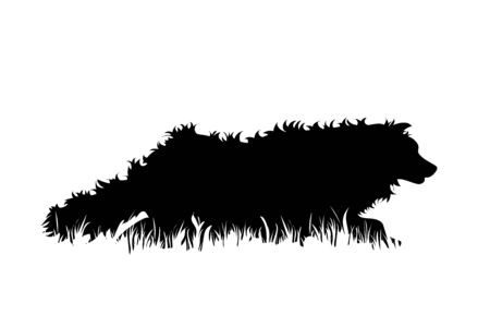 Vector silhouette of dog in the grass on white background. Symbol of animal, pet, run, nature, park, garden.のイラスト素材
