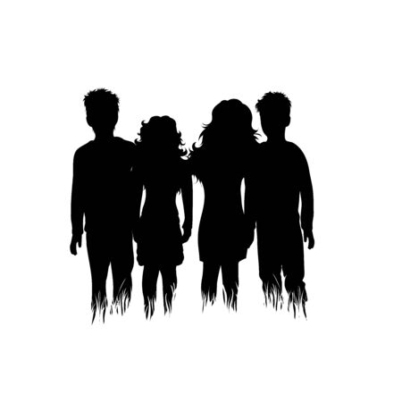 Vector silhouette of child friends in the grass on white background. Symbol of boy, girl, sister, brother, family, friends, infant, childhood, nature, park, garden, school.のイラスト素材