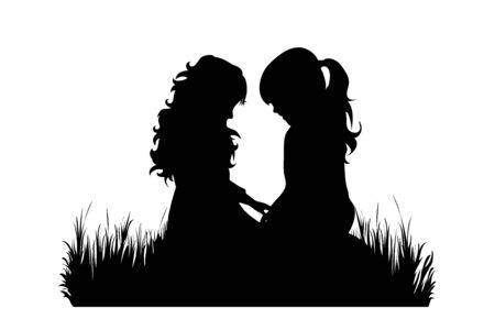 Vector silhouette of siblings in the grass on white background. Symbol of girl, sister, friends, family, infant, childhood, nature, park, garden.のイラスト素材