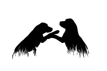 Vector silhouette of dogs in the grass on white background. Symbol of animal, pet, friends, nature, park, garden.のイラスト素材